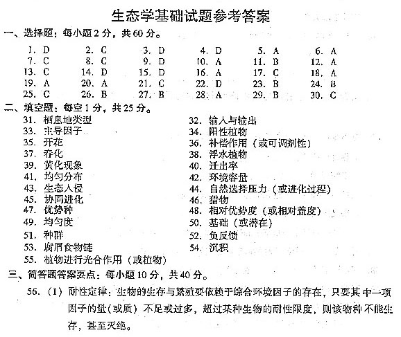 2004年全國(guó)成人高考專升本生態(tài)真題及答案