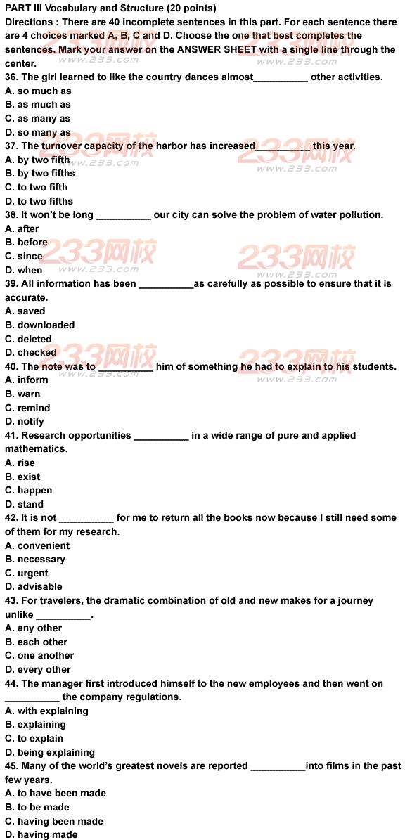 湖南2011年6月成人學位英語考試真題及答案