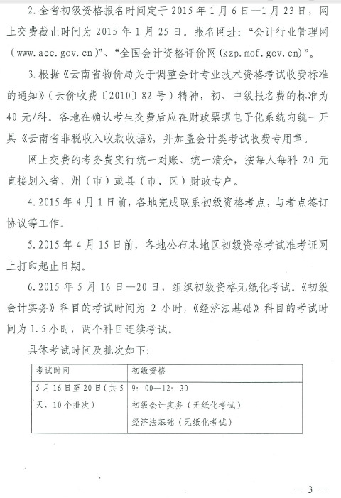 云南省2015年初級會計職稱考務(wù)日程安排