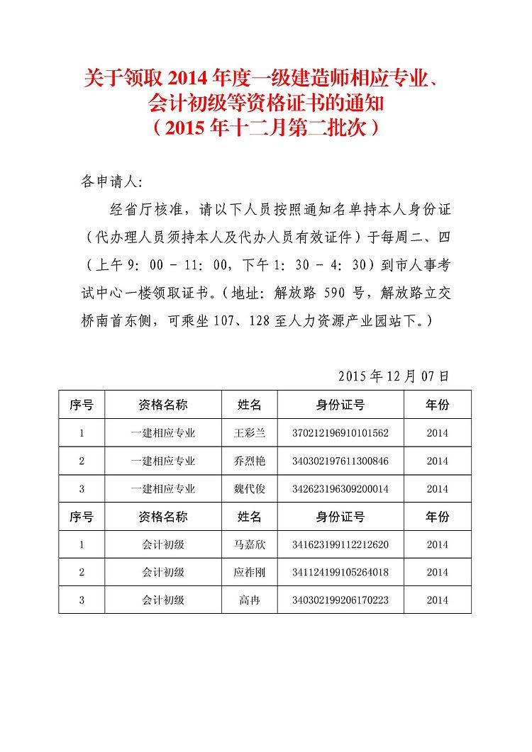 2014年蚌埠一級建造師相應(yīng)專業(yè)證書領(lǐng)取通知