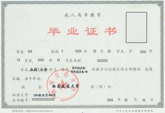 西南交通大學(xué)成人高考畢業(yè)證書(shū)樣式及成人學(xué)位證書(shū)樣式