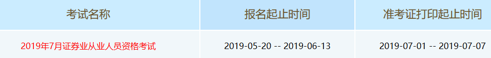 2019年7月證券從業(yè)考試準考證打印時間